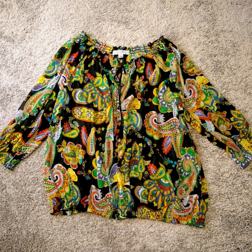 Avenue Flowy Boho Colorful Paisley Button Front Long Sleeve Women's Top Sz 22/24